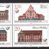 DDR 1987 Historische Postgebäude Viererblock V3 MiNr. 3067-3070 Plattenfehler postfr.