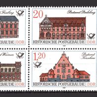 DDR 1987 Historische Postgebäude Viererblock V1 MiNr. 3067-3070 Plattenfehler postfr.