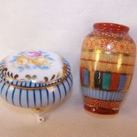 Handbemalte Porzellan Pillendose und kleine Porzellan Vase