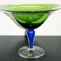 Theresienthal Glas Schale grün mit Standfuß blau Pokalschale Aufkleber Signatur