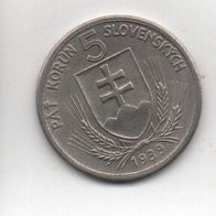 Münze Tschechoslowakei 5 Korun 1939