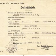 Heimatbeleg (1) von 1928 Heiratsschein Eugen Adolf Krieger Stuttgart Pankow 1901