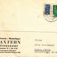 Heimatbeleg (59) Postkarte Max Fehn Spielwaren Düsseldorf Weidemann Kleve 1950