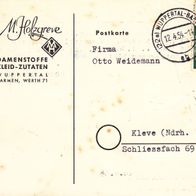 Heimatbeleg (81) Postkarte M Holzgreve Damenstoffe Kleidzutaten Wuppertal Barmen 1954