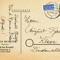 Heimatbeleg (93) Postkarte A. van Munster Dentist Hüls bei Krefeld 1951