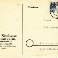 Heimatbeleg (94) Postkarte M. Weidemann Bocholt in Westfalen Lederwaren 1954