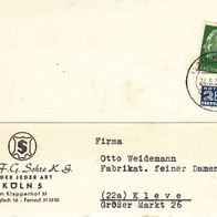 Heimatbeleg (96) Postkarte Kurt F. G. Sohre K.G. Köln 5 Leder jeder Art 1954 Kleve