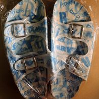 Pantoletten Sandaletten Schlappen Korkbett mit Stoffbezug Gr. 36 weiß-blau