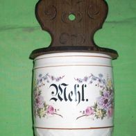 antikes Keramikgefäß für Mehl um 1910, mit Holzdeckel/ -rückwand, Eichenholz