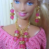Handmade Barbie Schmuck, Ethno Set goldfarben mit Glasperlen in pink
