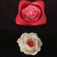 2 neue Kerzen in Blütenform Rosenblüte eine mit Keramikschale rosa + rote Blütenkerze