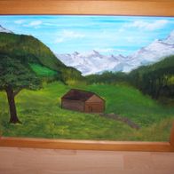 Einzelstück - gerahmtes Gemälde Sennhütte in den Alpen - signiert