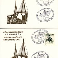 2 Karten mit Marken Berlin Michel-Nr. 333 + 380 - Eröffnung Köhlbrandbrücke - 2107