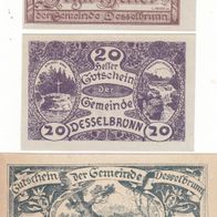 3 Notgeldscheine Gemeinde Desselbrunn 10 20 50 Heller