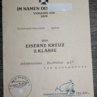 Original Urkunde Eisernes Kreuz 2. Kl. Stabswachtmeister - 6. Felddivision Luftwaffe