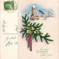 AK zum Neuen Jahr Neujahr Vögel an der Tränke Tannenzweig von 1928