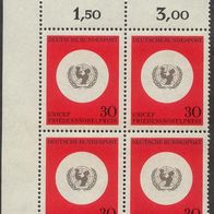 4x Briefmarke UNICEF Friedensnobelpreis 1966 4er Block postfrisch Eckrandstück