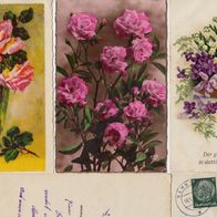 3 AK mit Blumen Rosen Maiglöckchen von 1939, 1943 und nicht datiert in Farbe