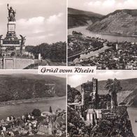 AK Gruß v. Rhein mit Nationaldenkmal, Bingen, Aßmannshausen u. Burg Rheinstein s/ w