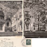 2 AK Wieskirche innen s/ w von 1940