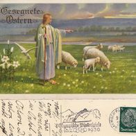 AK Gesegnete Ostern Schafhirte mit Schafherde in Farbe v. 1936 Stempel Olympiade