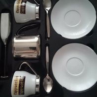 NEU* Cappuccino Set + Milchschäumer, Milchkanne, 2 Tassen + Unterteller + Löffel