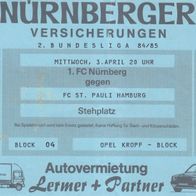 1. FC Nürnberg altes Ticket gegen FC St. Pauli Hamburg Saison 1984/1985 Block 4