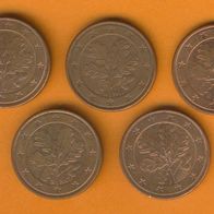 Deutschland 5 Cent alle aus 2007 kompl. A, D, F, G, J.