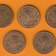 Deutschland 5 Cent alle aus 2013 kompl. A, D, F, G, J.