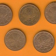 Deutschland 2 Cent 2002 A, D, F, G + J kompl.