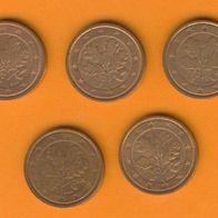 Deutschland 2 Cent 2004 A, D, F, G + J kompl.