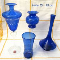 DDR Lauschaer Glas 4er-Set Vasen hauchzart - mundgeblasen blau m. weißen Einschlüssen