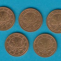 Deutschland 2 Cent alle aus 2008 kompl. A, D, F, G, J.
