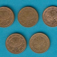 Deutschland 1 Cent 2002 A, D, F, G + J kompl.