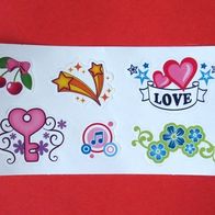 NEU Sticker Bogen Love Sterne Blumen Noten Kirschen Fantasie 6 Aufkleber transpa