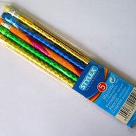 NEU 5 Bleistifte mit Radiergummi HB/2 Glitzer in Kunststofftasche mit Verschluss