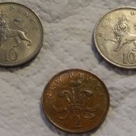 D New Pence 3x englische Geldmünzen:1x10 1996 1x10 1968 1x2 1975 alte engl. Zahlungsm