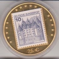 1998 BRD Ein Volk ein Vaterland 2,5 Euro Probe mit 10 Pf Briefmarke Glücksburg