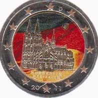 2011 BRD 2 Euro Kölner Dom coloriert und teilvergoldet Prägebuchstabe G