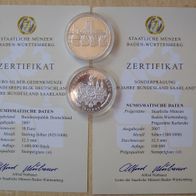 10 Euro Gedenkmünze mit Sonderprägung 2007 - 50 Jahre Saarland - Silber + Zertifikat