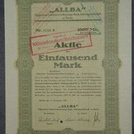 ALLBA" Allgemeine Lebensversicherungs-Bank Aktiengesellschaft zu Berlin 1922 1000 M