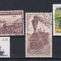 Dampflokomotiven, Südwestafr., Dänemark, Tschechoslow., VietNam, 5 Briefm., gest.