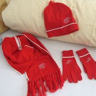Mädchen TOMMY Hilfiger Mütze Schal Handschuh Set rot weiss Glitzer 164