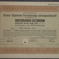 SECURITAS" Bremer Allgemeine Versicherungs-Aktiengesellschaft 1929 1000 RM Interims