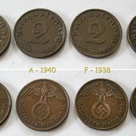 4 Stk. Münze Deutsches Reich 2 Pfennig Reichspfennig 1938-1940