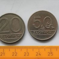Alte Münzen aus Polen, 10, 20, 50 u. 100 Zlotych aus Kupfer-Nickel,