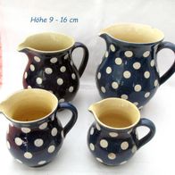 4 schöne alte Keramik Krüge * Henkelkrug blau mit weißen Punkten * Kanne Milchkrug