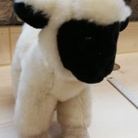Kleines flauschig weiches weißes Schaf mit schwarzen Ohren und Gesicht Kuscheltier