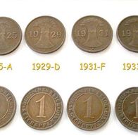 6 Stk. Münze Weimarer Republik * 1 Reichspfennig / 2 Rentenpfennige 1923 - 1934