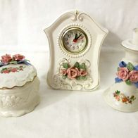 3er Set Porzellan elfenbein  mit Rosen Shabby Chic * Deckeldose Leuchter Uhr